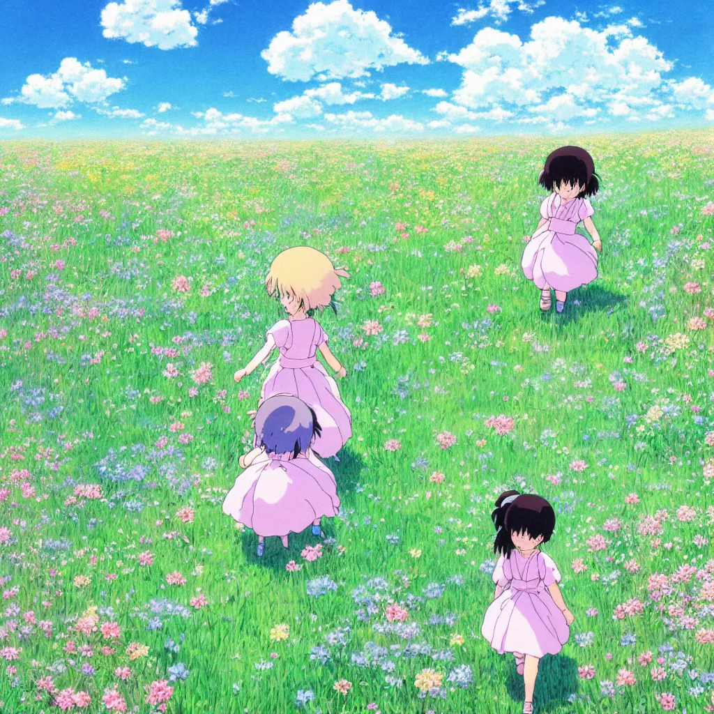 Image similar to little girl in princess dress, walking through a field of flowers, puffy clouds, beautiful, summer, calm, studio ghibli, art by hayao miyazaki, makoto shinkai