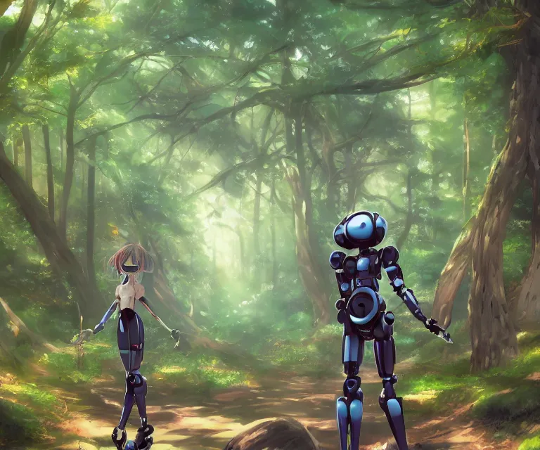 Image similar to robot in a forest, anime fantasy illustration by tomoyuki yamasaki, kyoto studio, madhouse, ufotable, comixwave films, trending on artstation