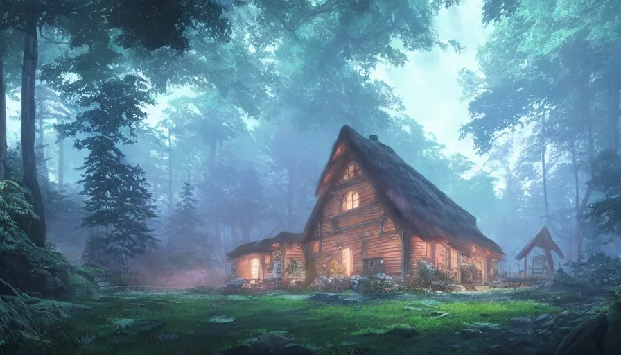 Image similar to A highly detailed matte painting of cottage in a dark forest, by Studio Ghibli, Makoto Shinkai, by Artgerm, by beeple, by Greg Rutkowski, volumetric lighting, octane render, 4K resolution, trending on artstation, masterpiece