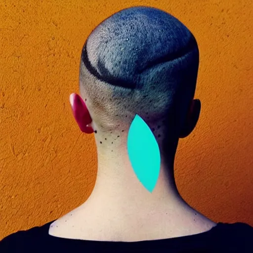 Prompt: A photograph of a tattoo of a holy ice cream cone, in a circle of glyphs, on the back of a woman's shaved head