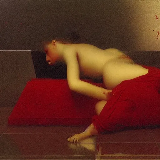 Prompt: rain on a red cube by paul delaroche