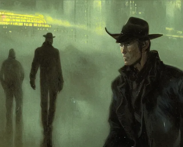 Image similar to 2 0 1 8 blade runner movie very very young clint eastwood in his youth western look at the cityscape from roof perfect face fine realistic face pretty face reflective polymer suit tight neon puffy jacket blue futuristic sci - fi elegant by denis villeneuve tom anders zorn hans dragan bibin thoma greg rutkowski ismail inceoglu illustrated sand storm alphonse mucha