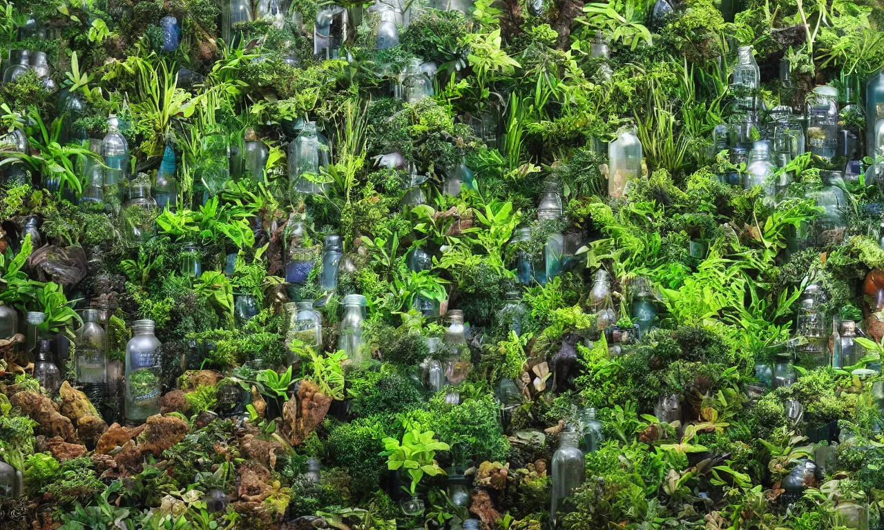 Prompt: lush rainforests in mccartney bottles, terrarium worlds 8 k /