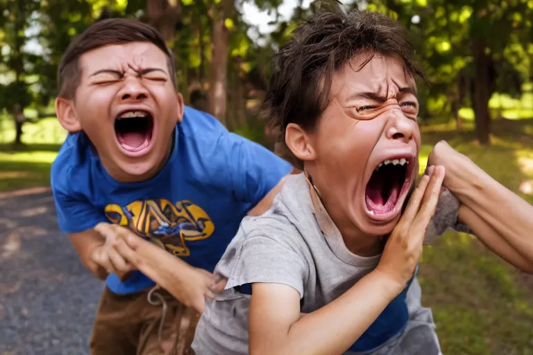 Image similar to photo of a guy screaming at a kid crying, 4k