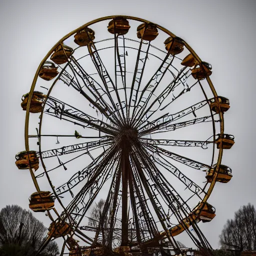 Image similar to an old abandoned rusty ferris wheel, in a town filled with pale yellow mist. Dystopian. Award-winning colored photo. OM system 12–40mm PRO II 40mm, 1/100 sec, f/2 8, ISO 800