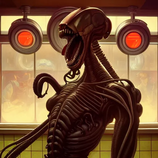 Prompt: portrait of a xenomorph muppet working in a diner, arms crossed, promotional pose, intricate, headshot, highly detailed, digital painting, artstation, concept art, sharp focus, cinematic lighting, illustration, art by artgerm and greg rutkowski, alphonse mucha, cgsociety