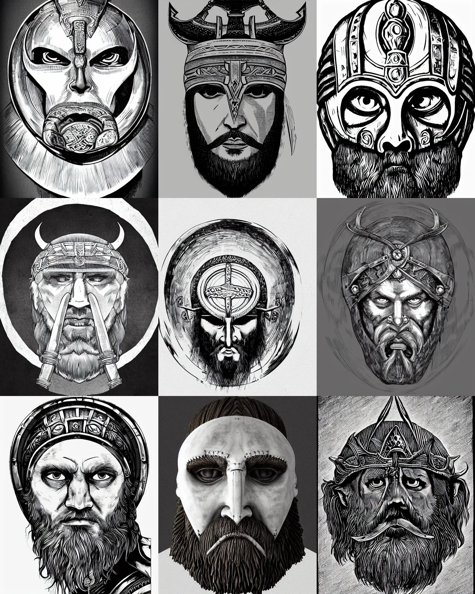 Prompt: detailed circle shape of a head of a beared viking wearing a bone helm sun behind, medium shot, front face symmetrical, white background, trending on artstation, by alphonso dunn, black ink