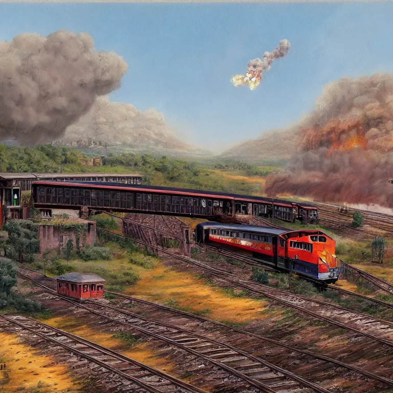 Prompt: a painting of a train going down the tracks, a matte painting by John Matson, deviantart, american scene painting, matte drawing, matte painting, storybook illustration