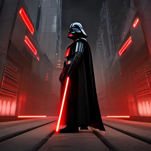 Image similar to photo of Darth vader walking in a futuristic city in a dystopian future made of electronic components and looks like a giant pcb board. Very detailed 8k. Unreal engine 5 render with nanite, global illumination and path tracing. Cinematic post processing. Emphasize on the colors black and red.