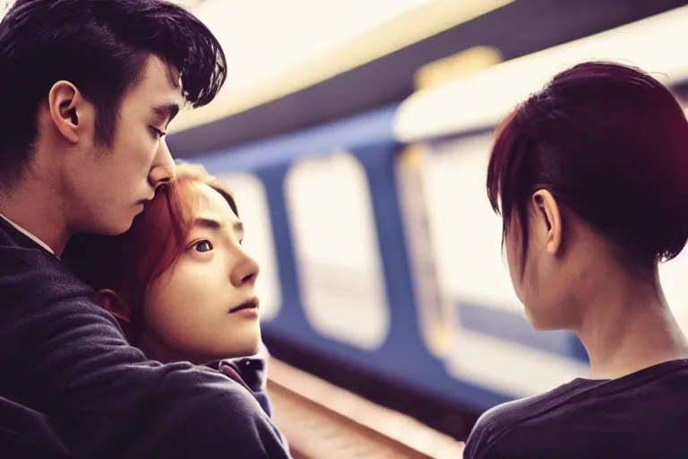 Image similar to vfx film closeup couple in a train station flat color profile low - key lighting award winning photography arri alexa cinematography, hyper real cinematic beautiful natural skin, famous face, atmospheric cool colorgrade