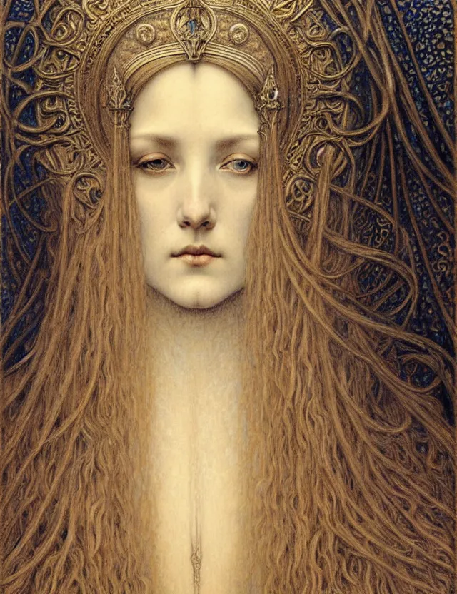 Image similar to detailed realistic beautiful young medieval queen face portrait by jean delville, gustave dore and marco mazzoni, art nouveau, symbolist, visionary, gothic, pre - raphaelite. horizontal symmetry