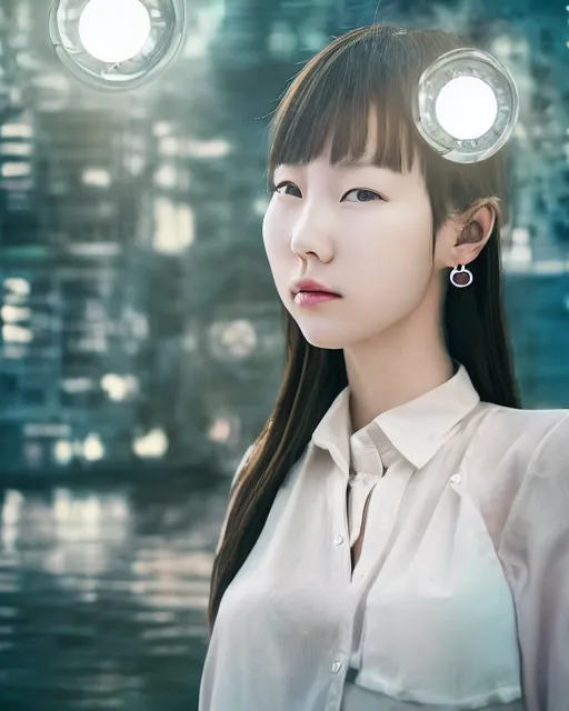 Prompt: beautiful centered photo of korean girl as a solarpunk cyborg with white mechanical parts and implanted bright halogen lamps, treading above calm water, ultra - realistic and detailed, sun lit, white background, bokeh, soft focus, slow exposure hdr 8 k