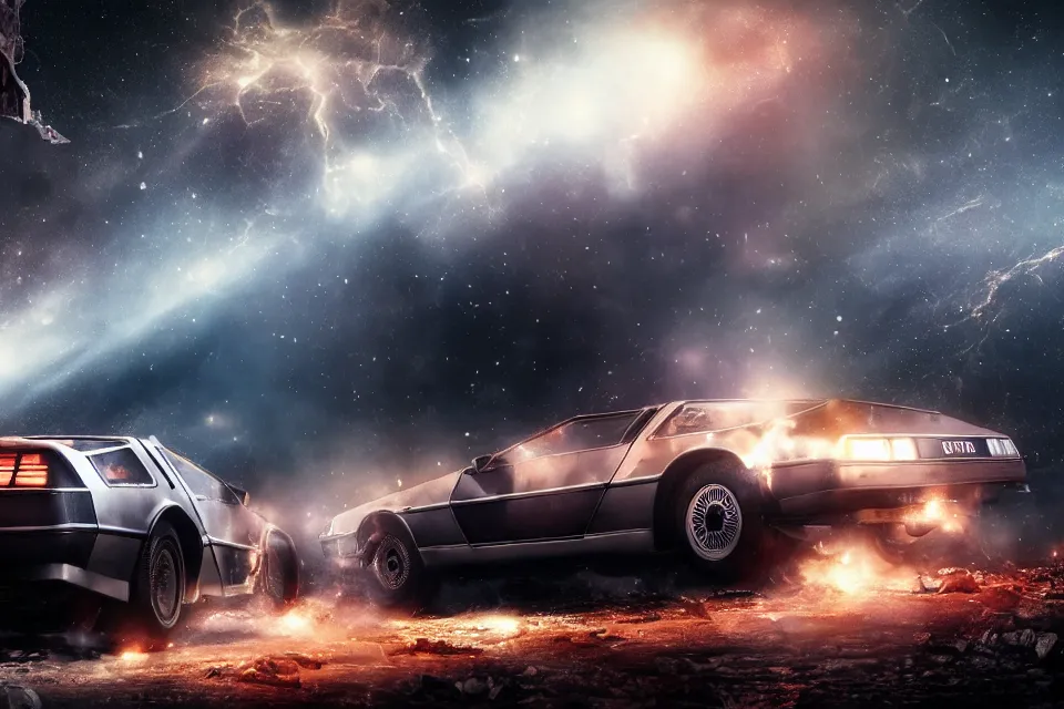 Image similar to ultra realistic delorean dmc 5 drifting on touge wreckage in space, photo from space, dark cinematic, volumetric, realistic, 3 d render, realistic render, cinematic lighting, volumetric lighting, atmospheric, cinematic, unreal engine 5, unreal engine render, octane render, hd, photorealism, hyper realistic, 8 k