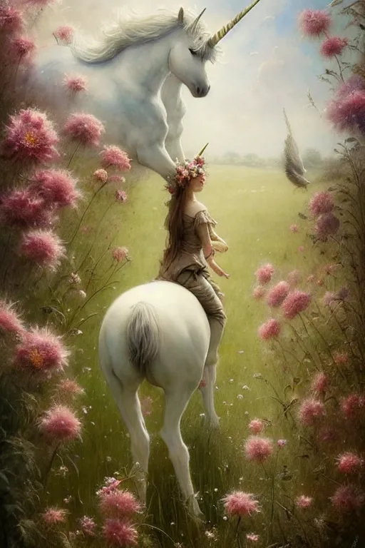 Image similar to a unicorn on the flowery meadow | esoteric symbolism | jean - baptiste monge, esao andrews, bastien lecouffe - deharme, tim jacobus, ken currie | ultra - detailed realism, soft cinematic lighting, hi - fructose, artstation, high - quality, ink watercolors wes anderson poster art