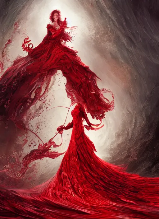 Image similar to woman in love sit upon a scarlet coloured beast, pain, royal dress, light effect, hyper detailed, intricate, atmospheric, elegant, highly detailed, digital painting, artstation, concept art, matte, sharp focus, illustration, by james jean, andrei riabovitchev, marc simonetti, yoshitaka amano