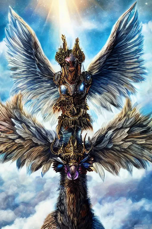 Prompt: A beautiful fierce llama angel with wings, wearing metal battle armor and a flaming sword, among heavenly sunlit clouds, symmetric, winged, close-up, intricate anthro llama portrait, elegant, digital llama painting, golden hour photo, cinematic, trending on artstation, anthro concept art, smooth, sharp focus, llama, illustration, art by artgerm and Greg Rutkowski and Alphonse Mucha, daily deviation, llama llama, anthro art masterpiece