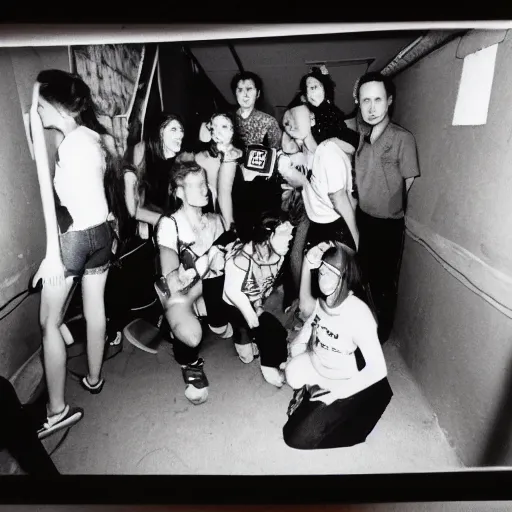 Image similar to A group of outcasts having a moment of nostalgia in their cramped basement, 90s Film Photo, Polaroid, Flash Photography, 40mm lens, Award Winning, 8k Film Scan