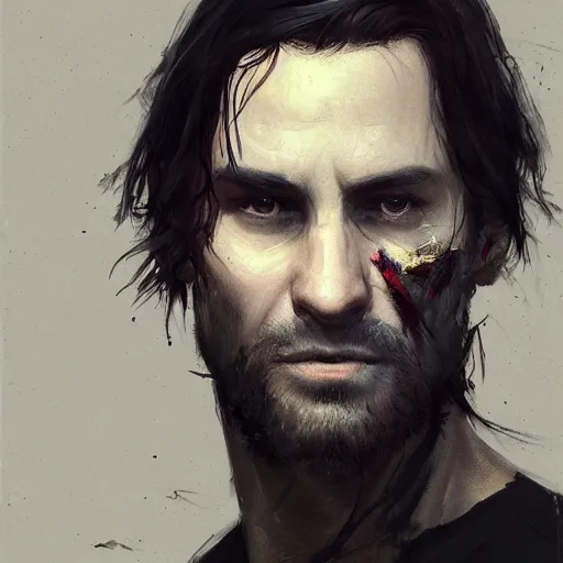 Image similar to Portrait of a man by Greg Rutkowski, he is about 30 years old, messy long black hair, tired appearance, roman nose, wearing black t-shirt, highly detailed portrait, digital painting, artstation, concept art, smooth, sharp foccus ilustration, Artstation HQ.