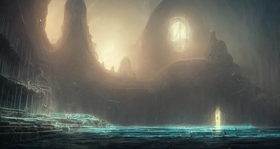 Prompt: atlantide, the lost underwater city, cthulhu, intricate, elegant, glowing lights, highly detailed, digital painting, artstation, concept art, smooth, sharp focus, illustration, loneliness, great space, greg rutkowski, 8 k, very high resolution, astrophotography, processing, extremely hyperdetailed