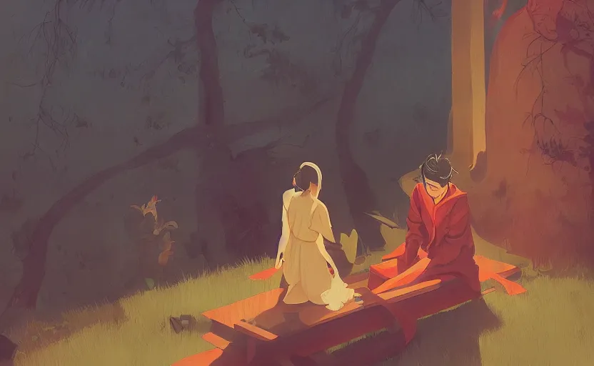 Image similar to an asian peaceful mythical magical scene illustration by atey ghailan and escher and edward hopper