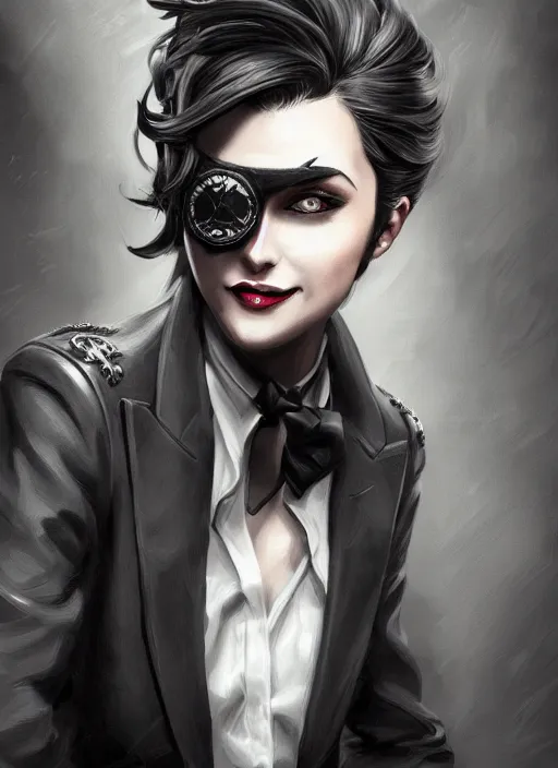 Image similar to a highly detailed illustration of beautiful short black messy haired woman wearing eyepatch and noir style suit and tie, dramatic smiling pose, intricate, elegant, highly detailed, centered, digital painting, artstation, concept art, smooth, sharp focus, league of legends concept art, WLOP