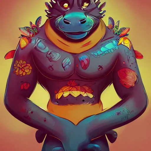 Image similar to in the style of artgerm, loish and ross tran, anthropomorphic alligator, symmetrical face, symmetrical eyes, red scales on his back, yellow scale on his belly and chest, male, waring a hawaiian shirt, in the style of zootopia