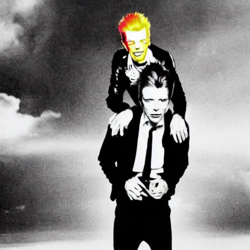 Image similar to david bowie from changes giving a piggy back ride to ziggy stardust. as a photograph with new york in the background