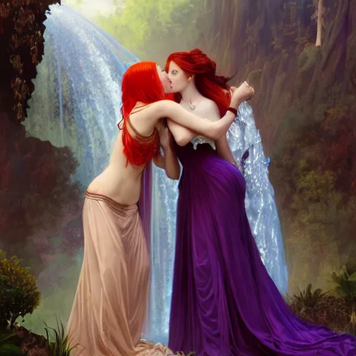 Image similar to a highly detailed byzantine painting of three sultry red haired vampire queens sharing a soft kiss under a waterfall in a gossamer purple dress, epic fantasy, viewed in profile from far away, ultrawide lens, art by artgerm and greg rutkowski and alphonse mucha, volumetric lighting, 4 k resolution, trending on artstation, masterpiece