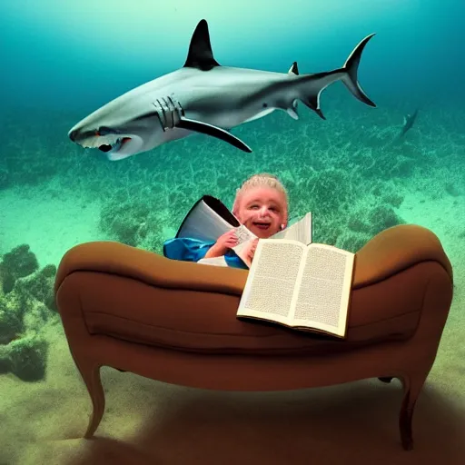 Prompt: a shark sitting in a chair reading a book underwater realistic hdr 8 k 3 5 mm