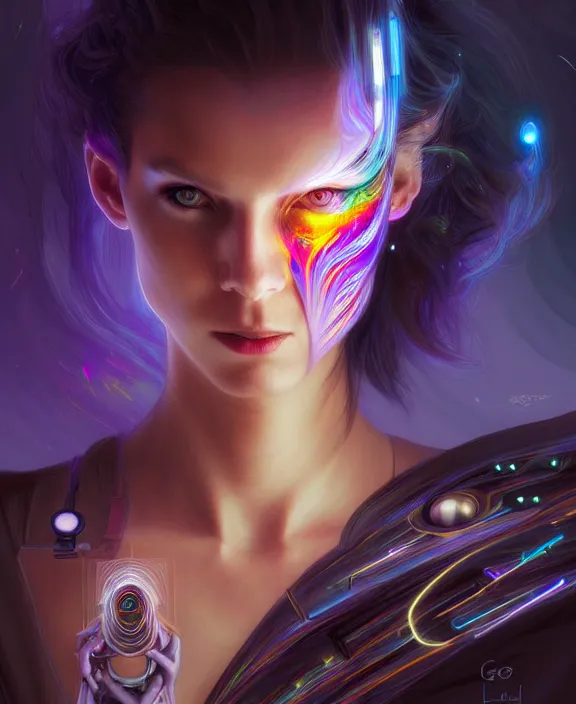 Image similar to a whirlwind of souls rushing inside the metaverse, hologram, half body, neurochip, shaved temple, piercing, jewelry, android, cyborg, cyberpunk face, by loish, d & d, fantasy, intricate, elegant, highly detailed, colorful, digital painting, artstation, concept art, art by artgerm and greg rutkowski and alphonse mucha