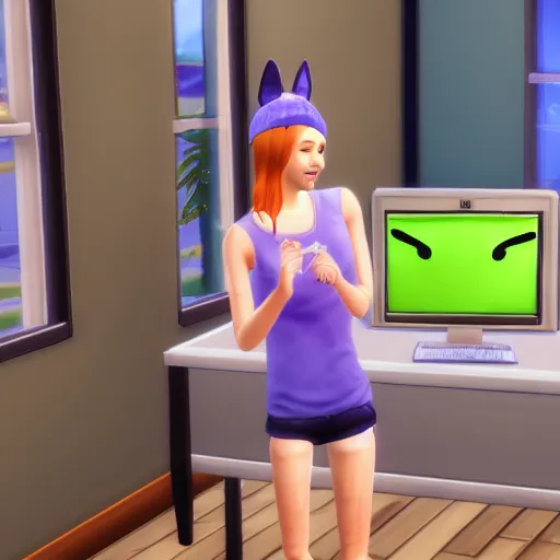 Image similar to cute woman wearing tank top and cat ears plays on computer, sims 4 graphics style