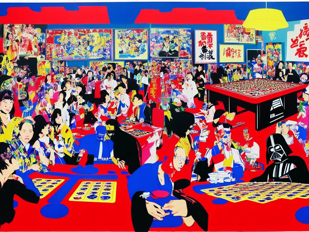 Image similar to hyper - realistic composition of a large room with an extremely detailed poker table in the center, woman in traditional japanese kimono standing nearby, darth vader sitting at the table, fireworks in the background, pop art style, jackie tsai style, andy warhol style, acrylic on canvas, dull palette