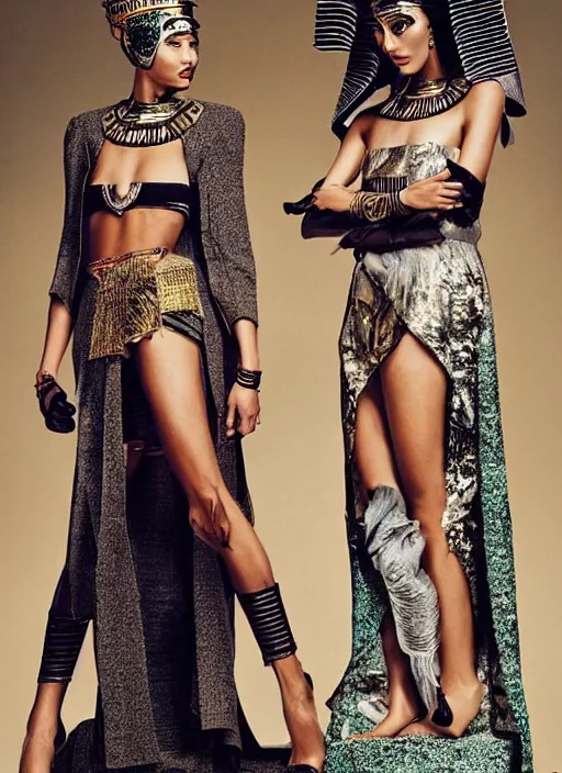 Prompt: A fashion editorial spread in a high fashion magazine with the models styled as ancient Egyptian gods and goddesses