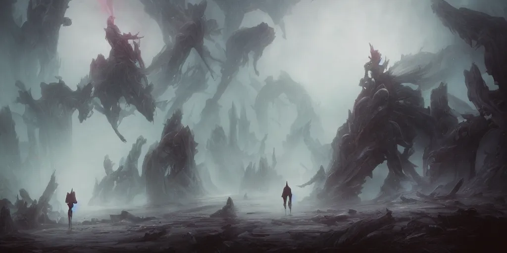 Image similar to heavy clouds, dense fog, by wayne barlowe, peter mohrbacher, kelly mckernan, epic scene, 4 k, dark fantasy, environment, unreal engine 5, detailed