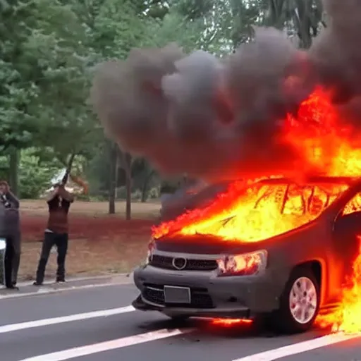 Image similar to A still of a destroyed car on fire, slow motion flames