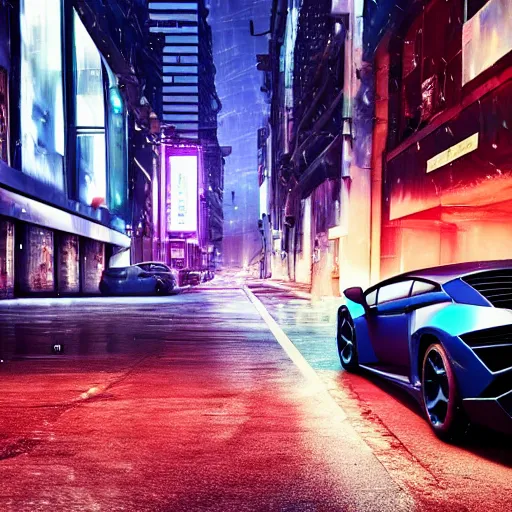 Image similar to Lamborghini in a cyberpunk street, realistic, high details, rain, night, 4k