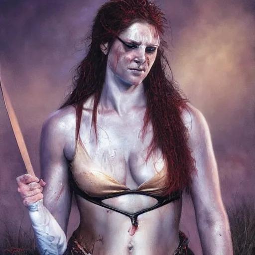 Prompt: beautiful warrior princess covered in sweat by gerald brom, photo realistic, 4 k