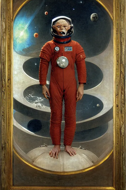 Image similar to a portrait of a gollum astronaut, wearing a chinese dragon spacesuit armor and helmet, in majestic, solemn, in space, by bouguereau