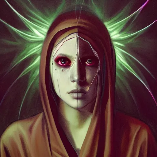 Image similar to gorgeous robed cult girl performing realism third eye ritual, dark theme night time, expanding electric energy waves into the ethereal realm, epic surrealism 8k oil painting, portrait, perspective, high definition, post modernist layering, by Sean Yoro-H 777