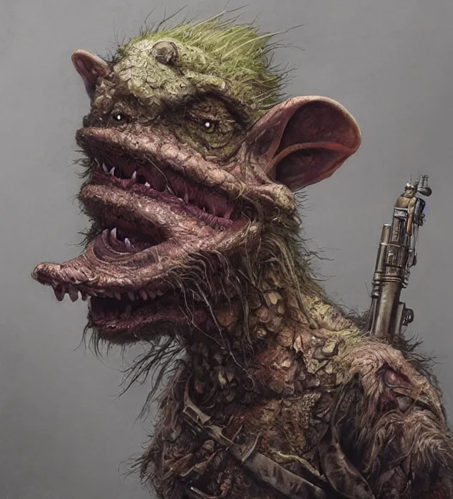 Image similar to hyper realistic portrait of postapocalyptic muppet monster goblin, cinematic, symmetric, dark crystal, artstation, cgsociety, alan lee, brian froud, jean baptiste monge, scott radke