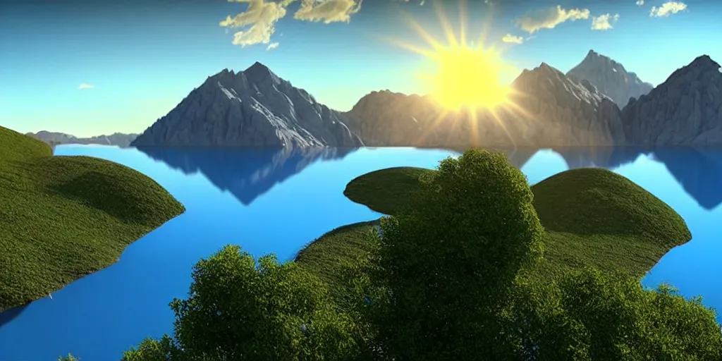 Prompt: a beautiful landscape, sun rises between two mountains, a lake in between the mountains, blue sky, cloudy, 3 d artwork by john stephans, unreal engine 5, extremely detailed, hyper realism