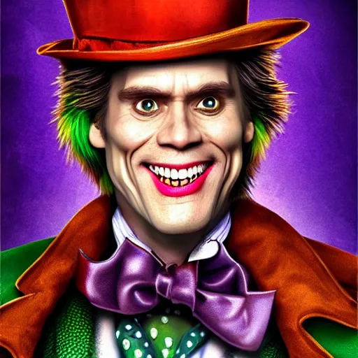 Image similar to Jim Carrey as mad hatter. epic game portrait. Highly detailed. D&D art by Michelangelo