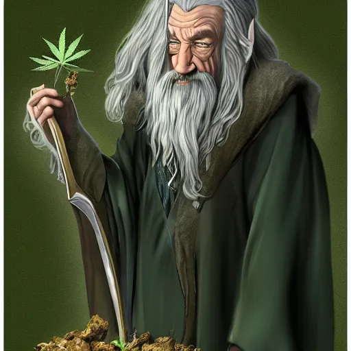 Image similar to Gandalf from the hobbit holding a marijuana plant, amazing digital art, trending on artstation, highly detailed