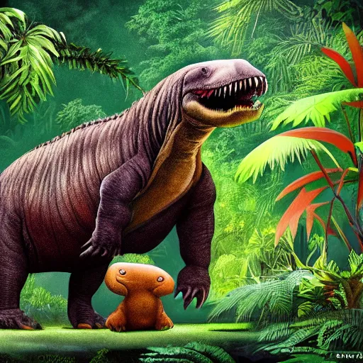 Prompt: a tyrannosaurus rex and a walrus hugging in a space jungle