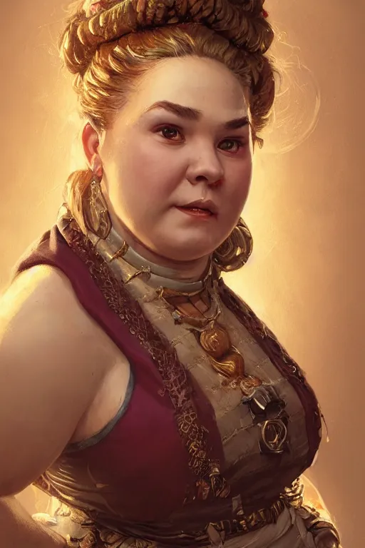 Prompt: Portrait | chubby female dwarven noblewoman | brocade dress | complex adorned braided hair | style by greg rutkowski, larry elmore, giotto dramatic light | high detail | cinematic lighting | artstation |shorty broad fat woman| relaxed expression | dungeons and dragons |