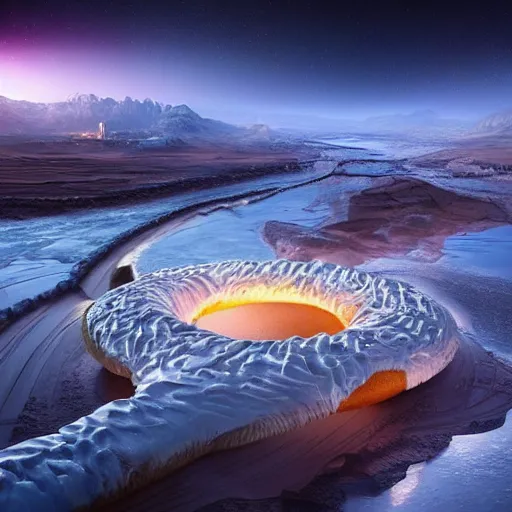 Prompt: amazing photo of a village in a donut shaped planet, digital art, by marc adamus, beautiful dramatic lighting