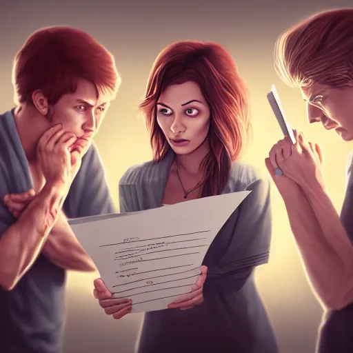 Image similar to realistic portrait of a terrified female author looking at some written notes while three male and one female characters look intensely, aesthetic!, trending on artstation, detailed digital art,