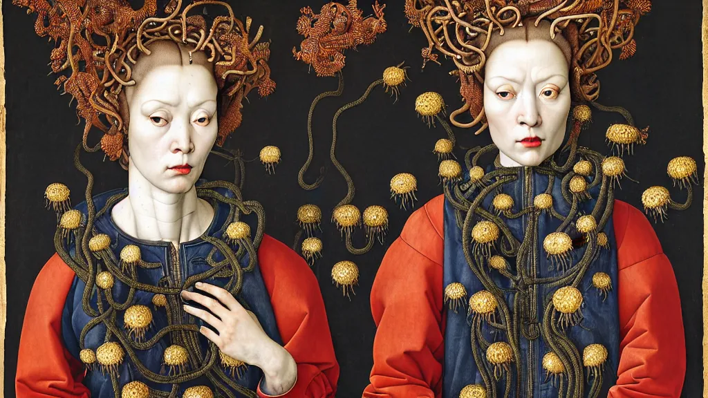 Prompt: portrait of medusa, wearing a jeans jackets, a high collar t - shirt and baggy jeans, in the style of rogier van der weyden and jacopo da pontormo, standing in a botanical garden full of serpents and luxuriant flowers, bjork aesthetic, masterpiece, cyberpunk, asian art, intricate details, highly detailed