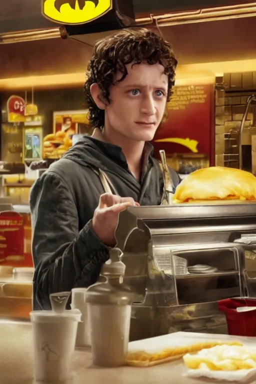 Image similar to film still of frodo working at mcdonalds in the new batman movie, oil on canvas, intricate, 8 k highly professionally detailed, hdr, cgsociety