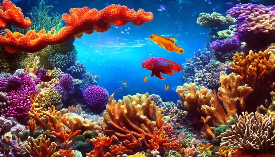 Image similar to a beautiful, noble, giant octopus of exquisite color : 1, underwater scenery, beautiful colorful corals, african cichlids and other species of small tropical sea - life, god - rays, volumetric lighting, 8 k, digital art